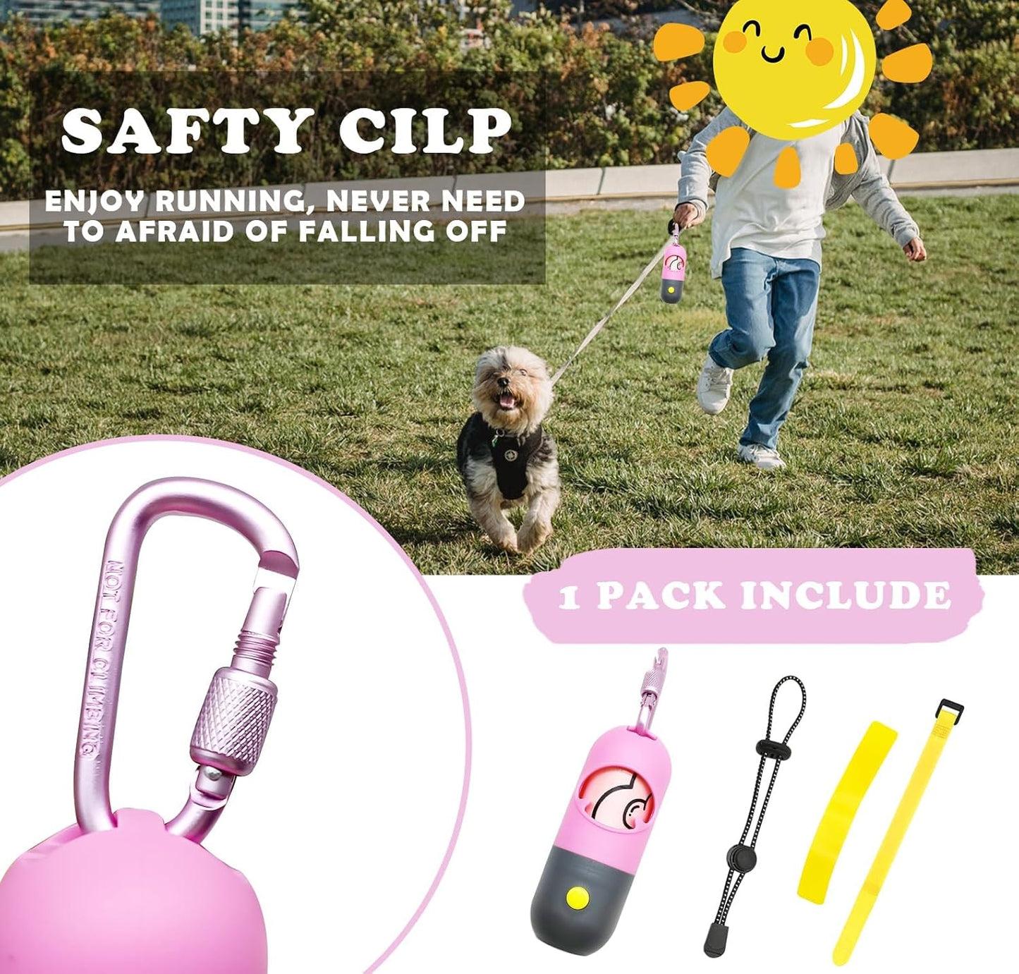 Dog Poop Bag Holder Dispenser with LED Flashlight - Night Visibility for Safe Evening Walks | Upgraded Hands-Free Leash Clip | Includes 15 Dog Waste Bags (Pink)