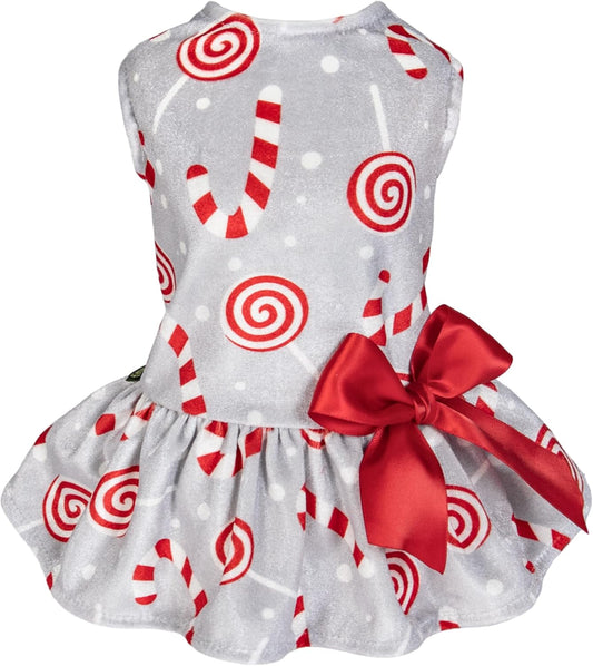 Christmas Candy Canes Dog Dress, Cute Dog Christmas Outfit, Doggy Clothes for Small Dogs Girl, Pet Apparel, Silver, Red, White, Large