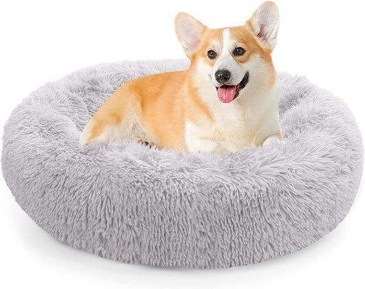 Calming Donut Dog Bed for Small to Medium Dogs & Cats - Plush Faux Fur Anti-Anxiety Pet Bed with Machine Washable Cover & Non-Slip Base
