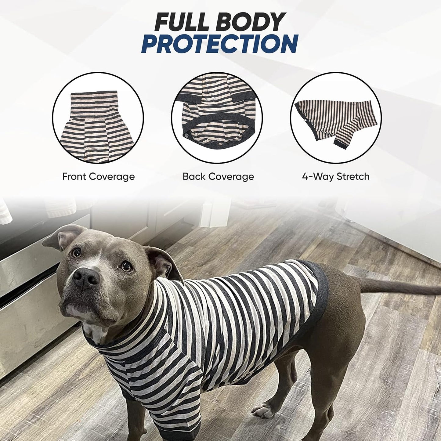 Medium Dog Pullover Shirt – Striped Cotton & Spandex Dog Shirt with Full Underbelly Coverage – White & Grey Dog Shirt for Allergy & Summer Protection (Medium)
