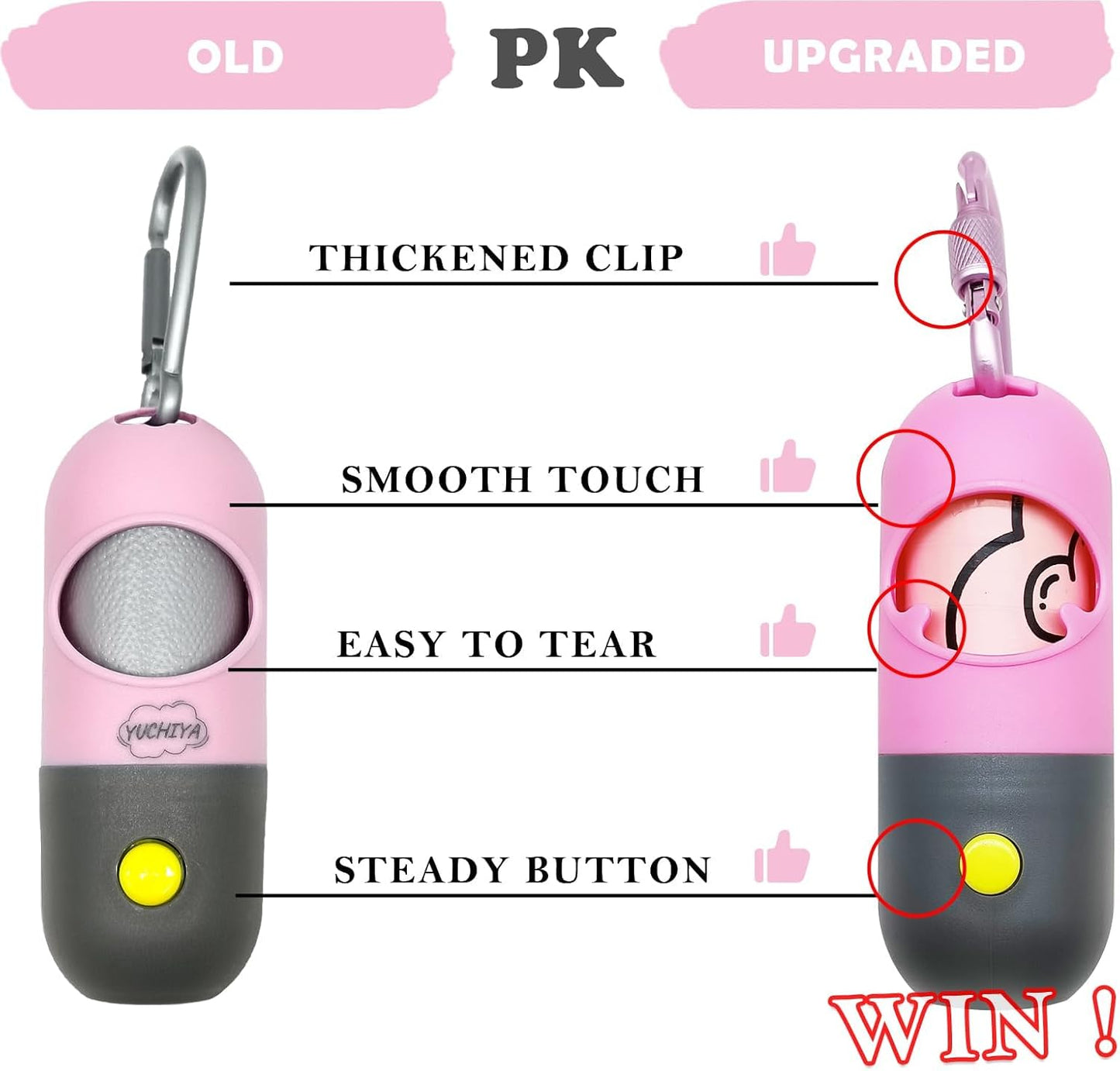 Dog Poop Bag Holder Dispenser with LED Flashlight - Night Visibility for Safe Evening Walks | Upgraded Hands-Free Leash Clip | Includes 15 Dog Waste Bags (Pink)