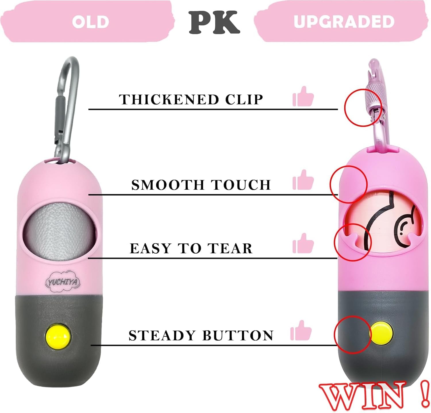 Dog Poop Bag Holder Dispenser with LED Flashlight - Night Visibility for Safe Evening Walks | Upgraded Hands-Free Leash Clip | Includes 15 Dog Waste Bags (Pink)