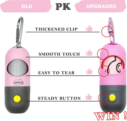 Dog Poop Bag Holder Dispenser with LED Flashlight - Night Visibility for Safe Evening Walks | Upgraded Hands-Free Leash Clip | Includes 15 Dog Waste Bags (Pink)