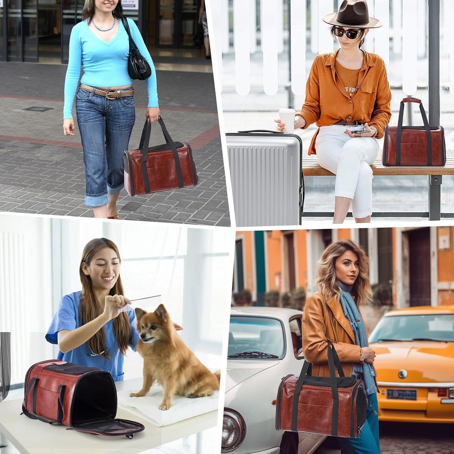 Fashion Leather Dog Carrier Cat Carrier Airline Approved Pet Carrier for Small Medium Dogs Cats under 15Lbs, Collapsible Soft Sided Travel Puppy Carrier Coffee