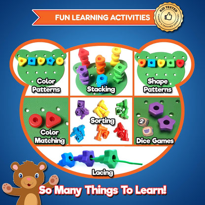 Jumbo Stacking Shapes Pegboard Set for Kids with 18 Pegs, 2 Wooden Dice, Lacing String & Storage Box (Standard Rainbow Colors)