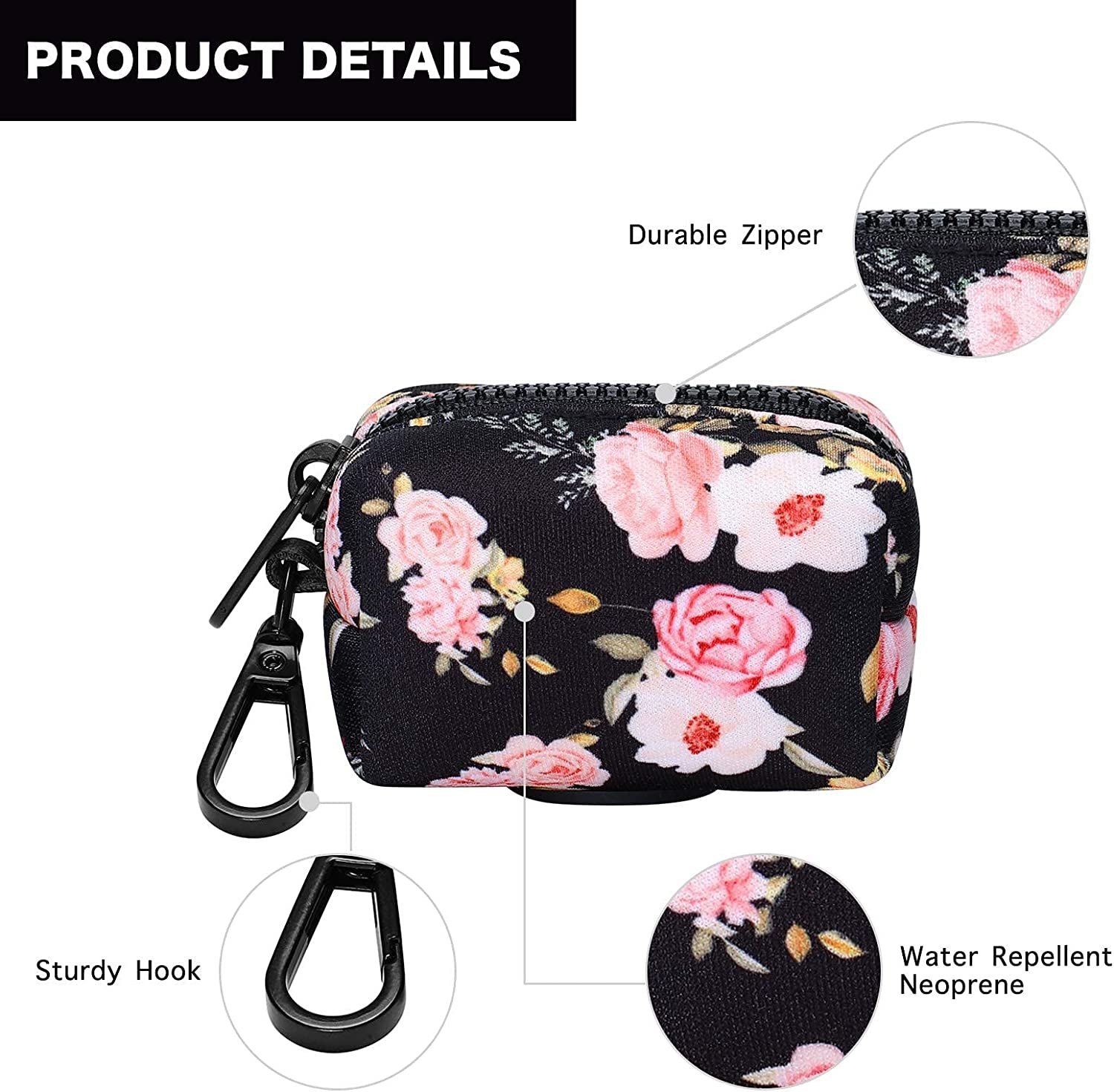 Dog Poop Bag Holder Leash Attachment, Waste Bag Dispenser Zippered Pouch, Fits Any Leash, Includes Free Roll of Bags, 2 Packs - Pink Rose