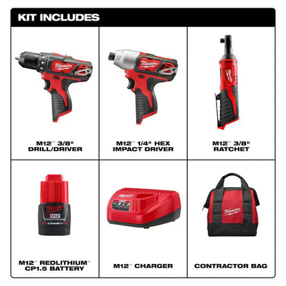 M12 12V Lithium-Ion Cordless Drill Driver, Impact Driver, and Ratchet Combo Kit (3-Tool)