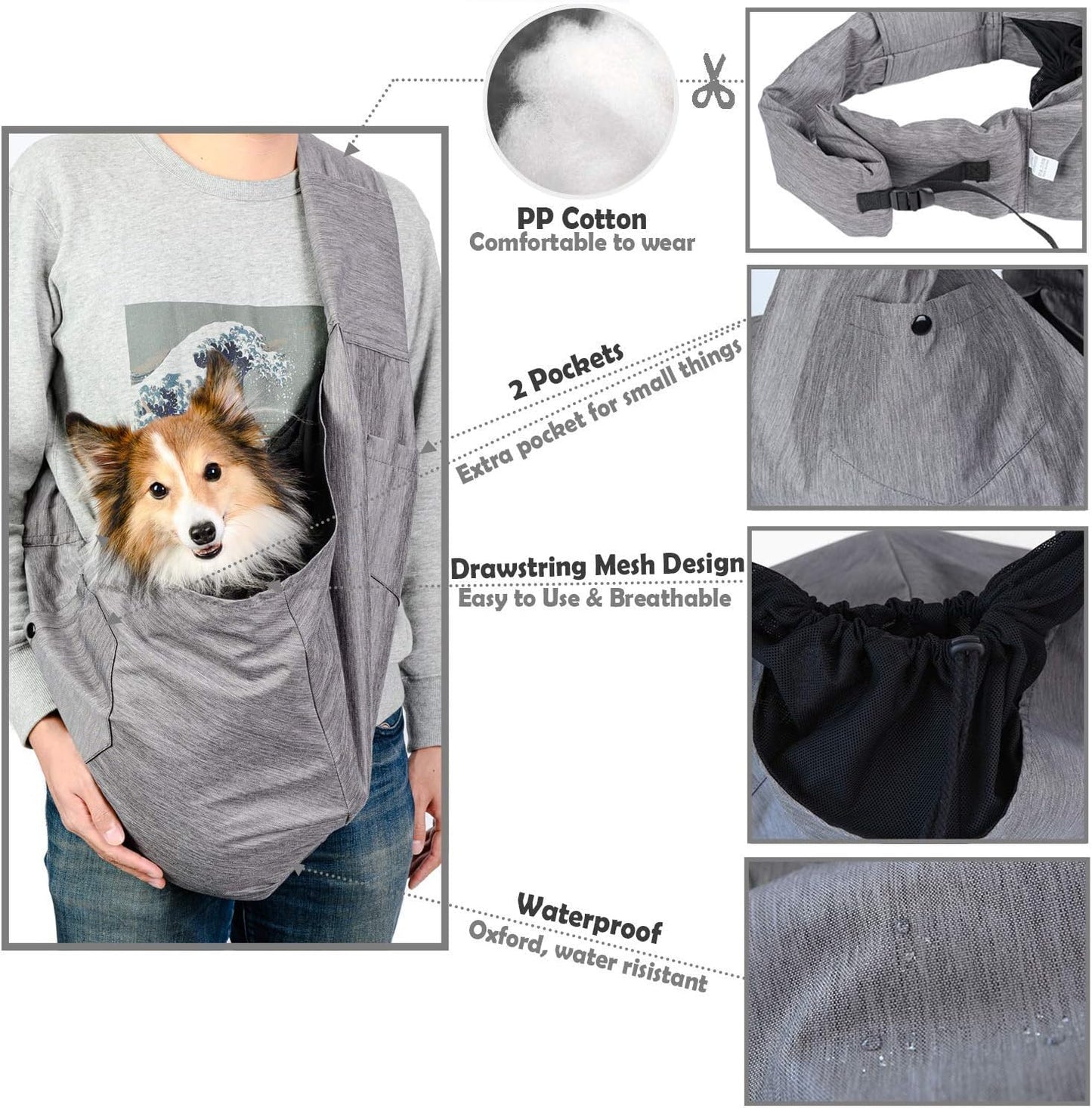 Dog Sling Carrier for Small and Medium Dogs 10-17 Lbs with Comfortable Adjustable Padded Shoulder Breathable Mesh for Travel Hands Free Daily Walk Outdoor Activities PDS08G