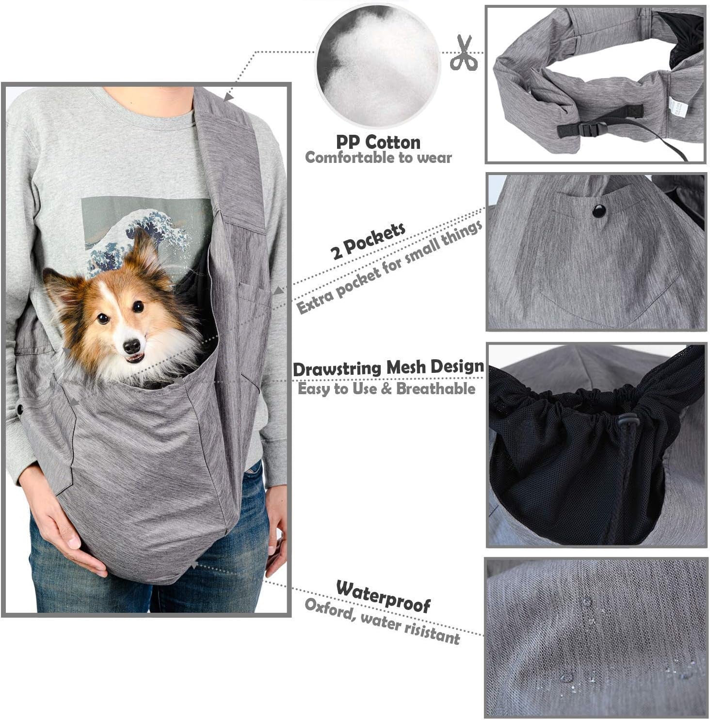 Dog Sling Carrier for Small and Medium Dogs 10-17 Lbs with Comfortable Adjustable Padded Shoulder Breathable Mesh for Travel Hands Free Daily Walk Outdoor Activities PDS08G