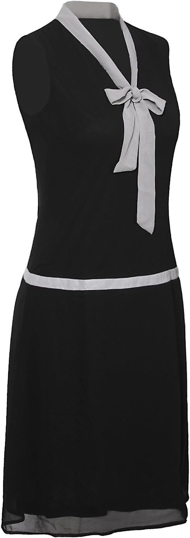 Womens 1920S Midi Flapper Dress V Neck Grey Bow Roaring 20S Great Gatsby Dress