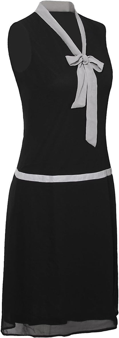 Womens 1920S Midi Flapper Dress V Neck Grey Bow Roaring 20S Great Gatsby Dress