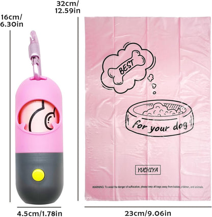 Dog Poop Bag Holder Dispenser with LED Flashlight - Night Visibility for Safe Evening Walks | Upgraded Hands-Free Leash Clip | Includes 15 Dog Waste Bags (Pink)