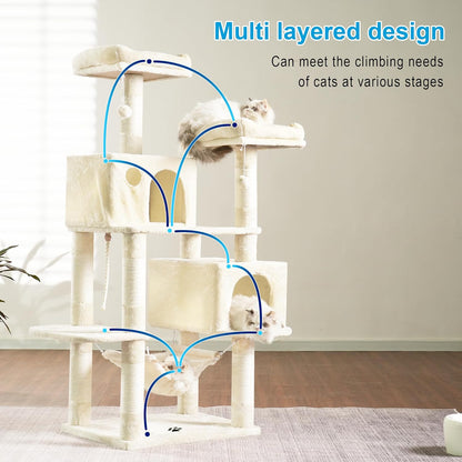 Large Multi-Level Cat Tree Condo Furniture with Sisal-Covered Scratching Posts, 2 Bigger Plush Condos, Perch Hammock for Kittens, Cats and Pets Beige MPJ020M