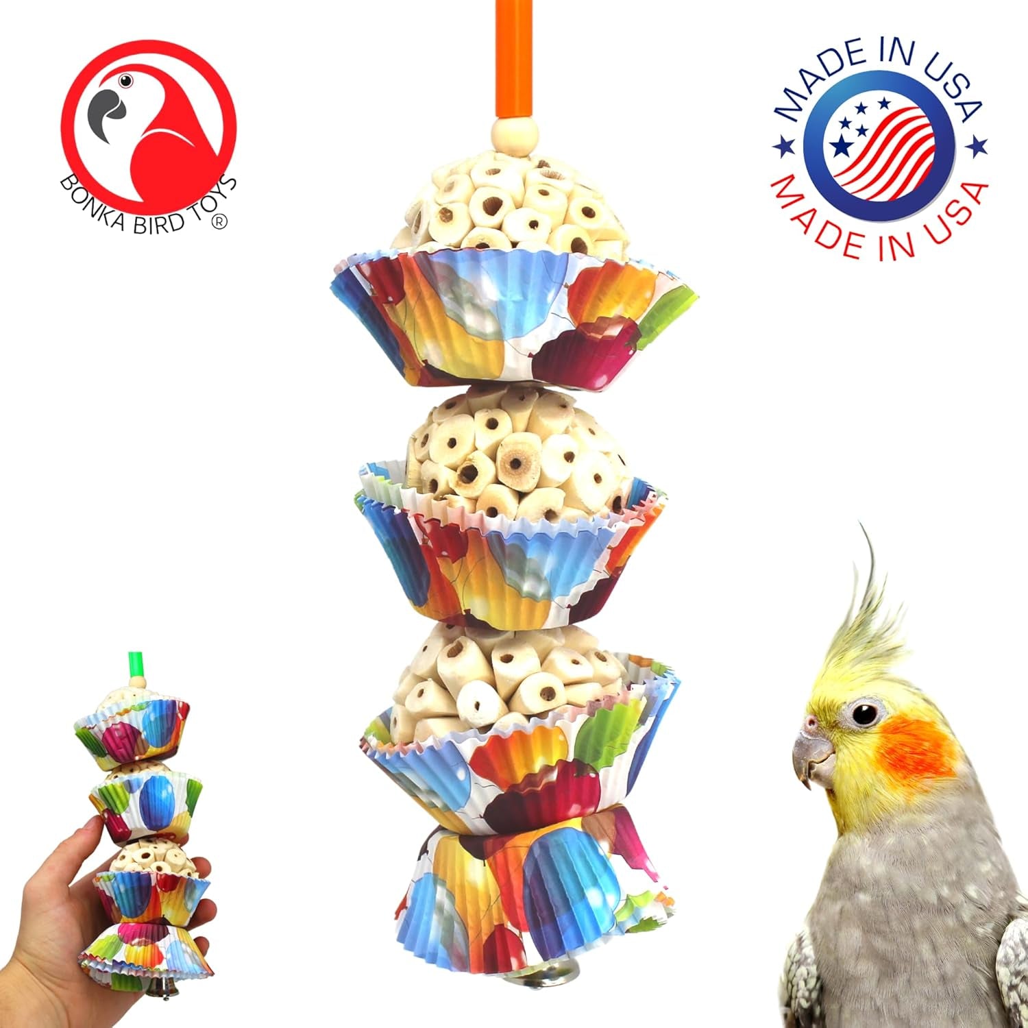 1931 Three Cake, 11.75" Hanging Bird Toy with Sola Balls, Cupcake Cups, Wooden Beads, Bell, and Straw, Chewable and Shreddable, Safe for Parrots, and Small Birds