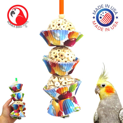 1931 Three Cake, 11.75" Hanging Bird Toy with Sola Balls, Cupcake Cups, Wooden Beads, Bell, and Straw, Chewable and Shreddable, Safe for Parrots, and Small Birds