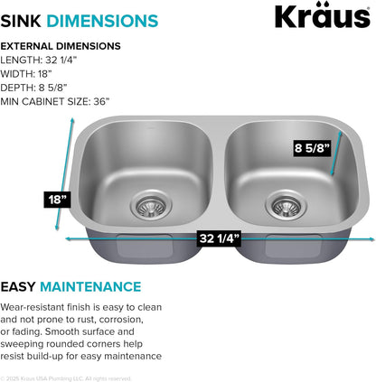 Premier 32-Inch Undermount 50/50 Double Bowl 18-Gauge Stainless Steel Kitchen Sink with Strainers (X2), KBU22