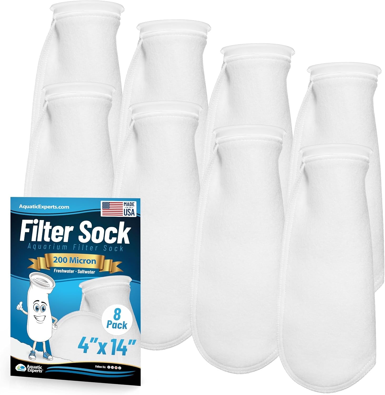 4 Inch Ring Filter Socks 200 Micron, Filter Socks for Saltwater Aquarium, Sump Filter Sock, Felt Aquarium Socks, Reef Filter Sock (8 Pack, 4" X 14")