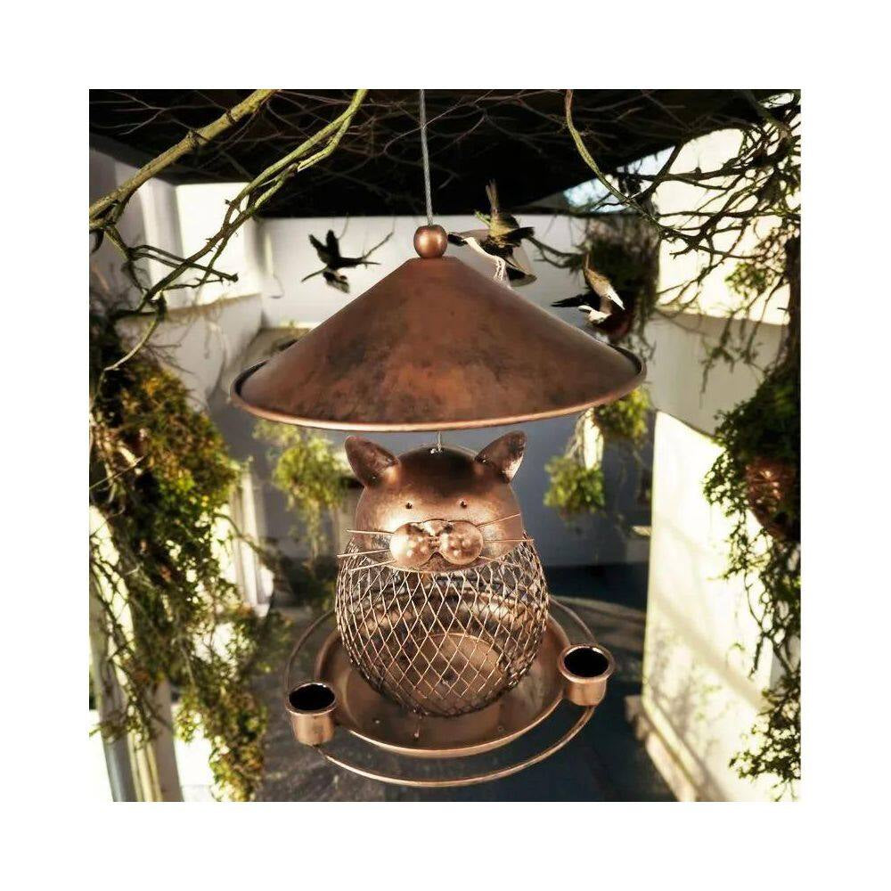 Outdoor Hanging Bird Seed Feeder with 360° Feeding Ports, round Perch, Metal Construction and Weatherproof in Copper