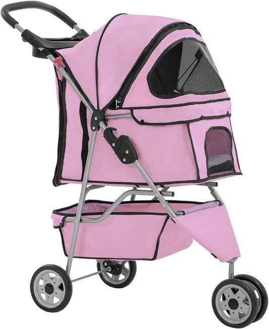 Stroller for Medium Small Dog/Cat, Foldable Travel 3 Wheels Waterproof Puppy, Pink