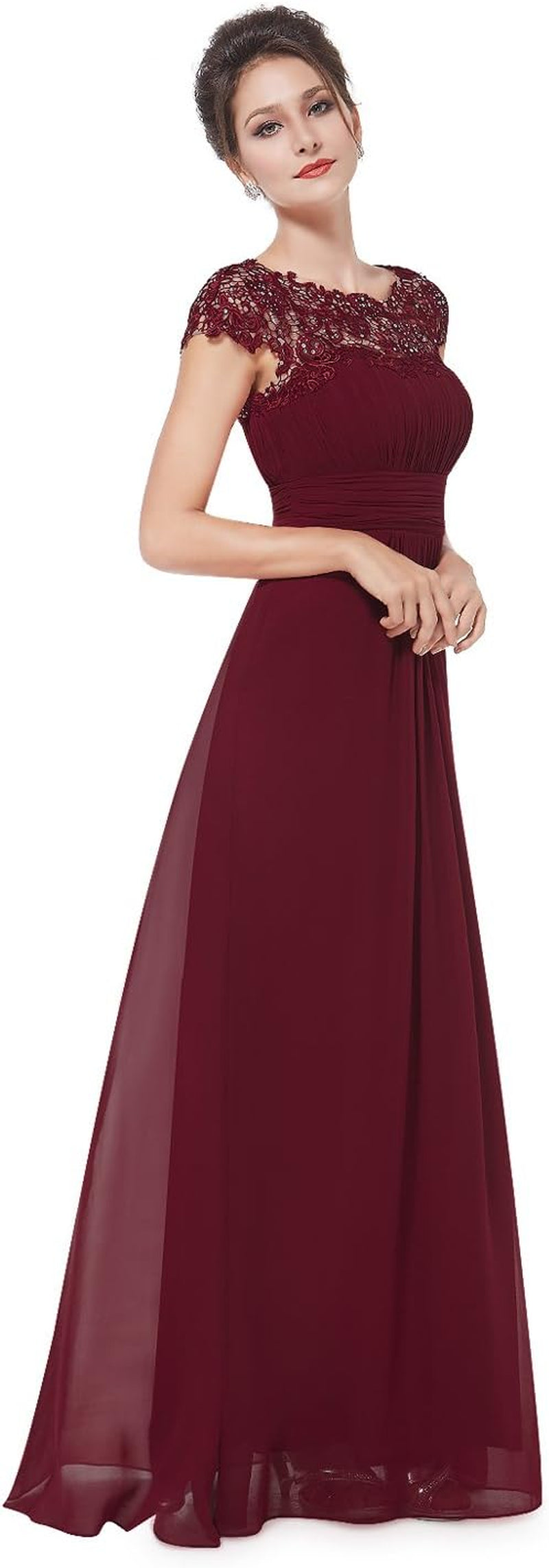 Women'S Cap Sleeve Ruched Lace round Neck Chiffon Formal Evening Gowns 09993-US