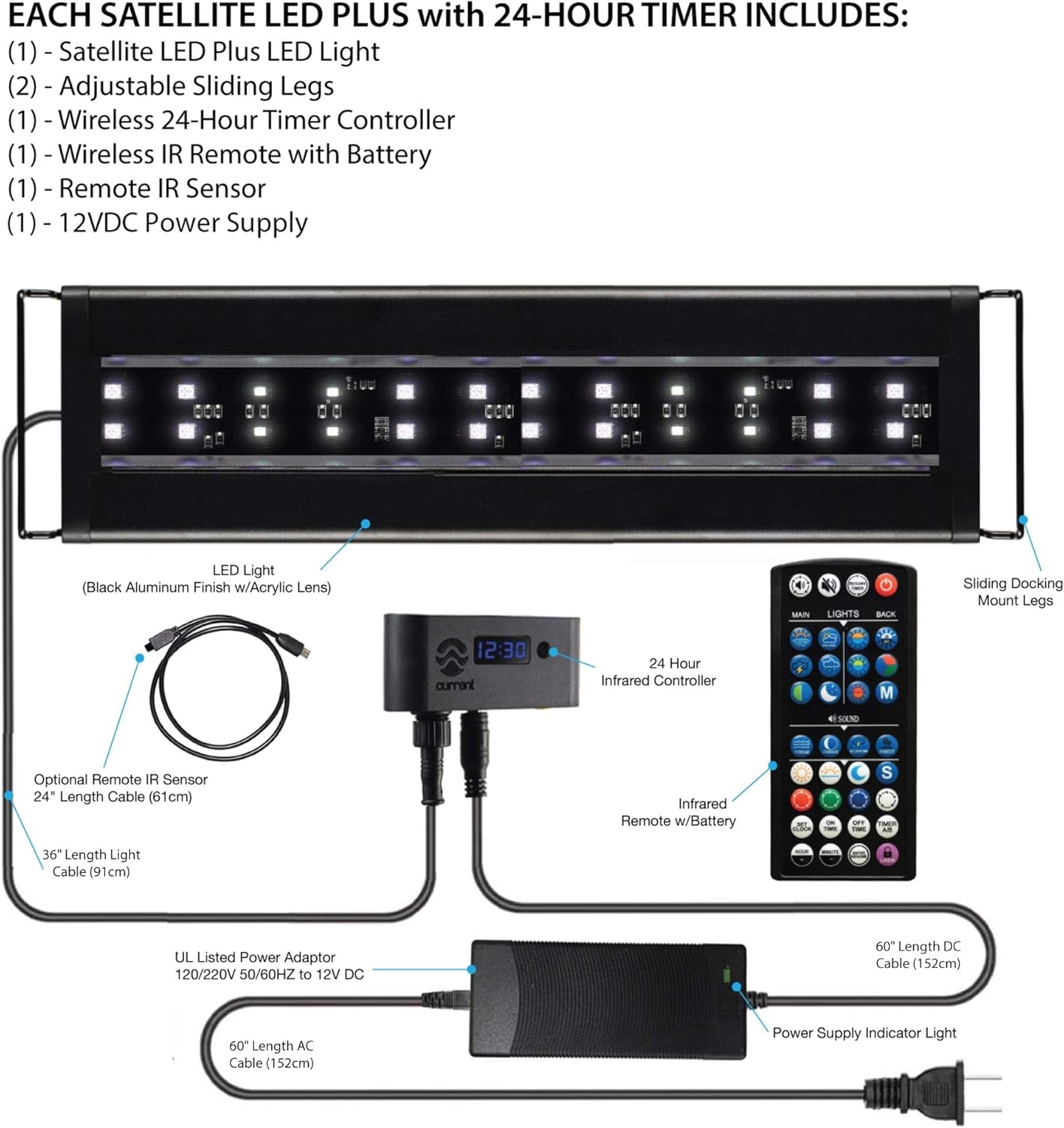 USA 24-36" Inch Satellite Freshwater LED plus Full Spectrum RGB+W Light for Aquariums | Wireless 24 Hour Remote Control Fish Tank Lighting (4506)
