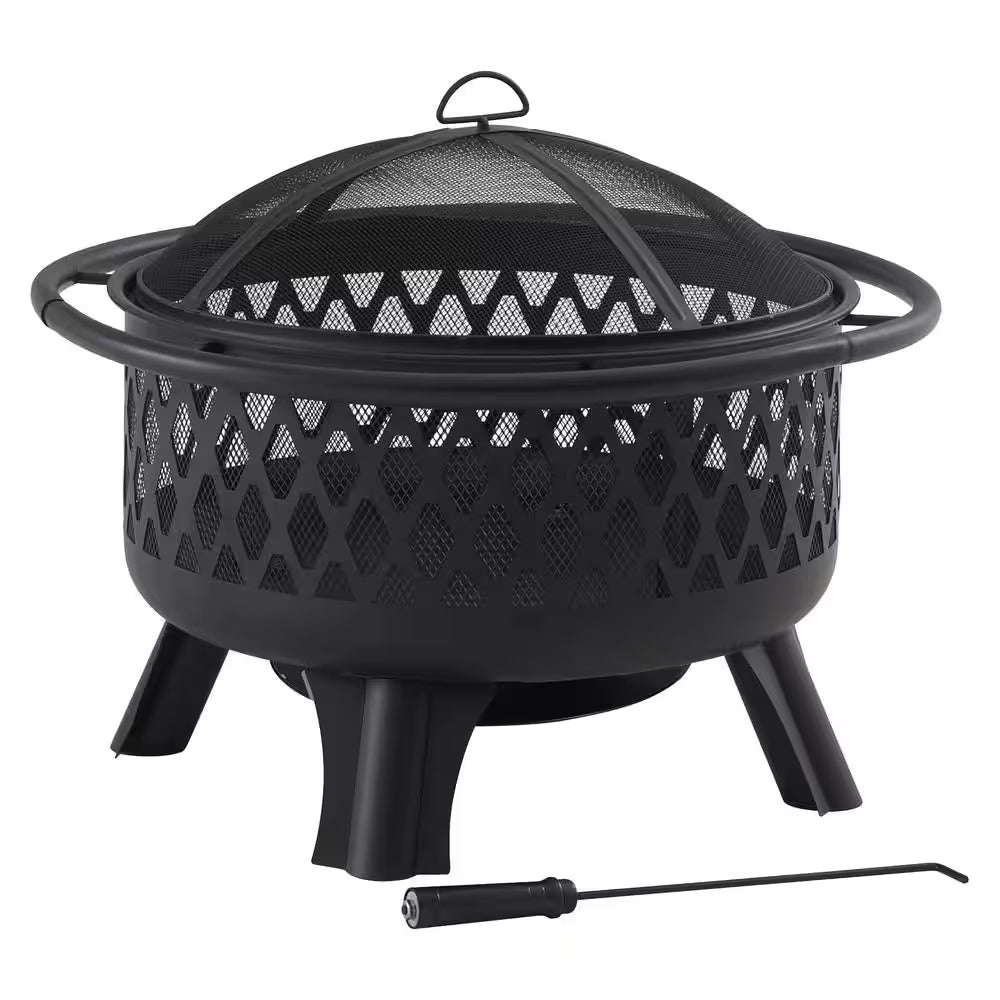 Piedmont 29.6 In. W Black Steel Wood Outdoor Fire Pit with Screen and Poker Included