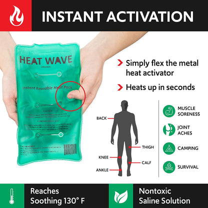 Instant Heat Packs Medium (5X9”), Medical Grade Reusable Hot Pack for Muscle Aches, Back, Arm, Shoulder, Hand Pain Relief, Click Heat Hot to Go Heating Pad Liquid Pak Therapy - Made in USA