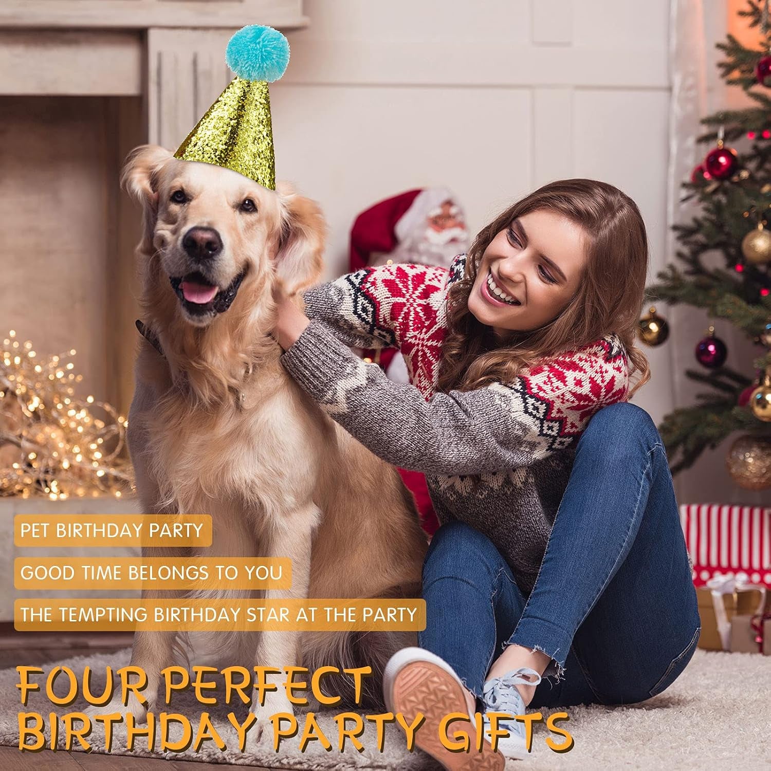 4 Pieces Dog Birthday Hat for Pets Christmas Party Decoration Accessories Pet Headband Hats Charms Grooming Accessories (Gold, Silver, Blue, Green)