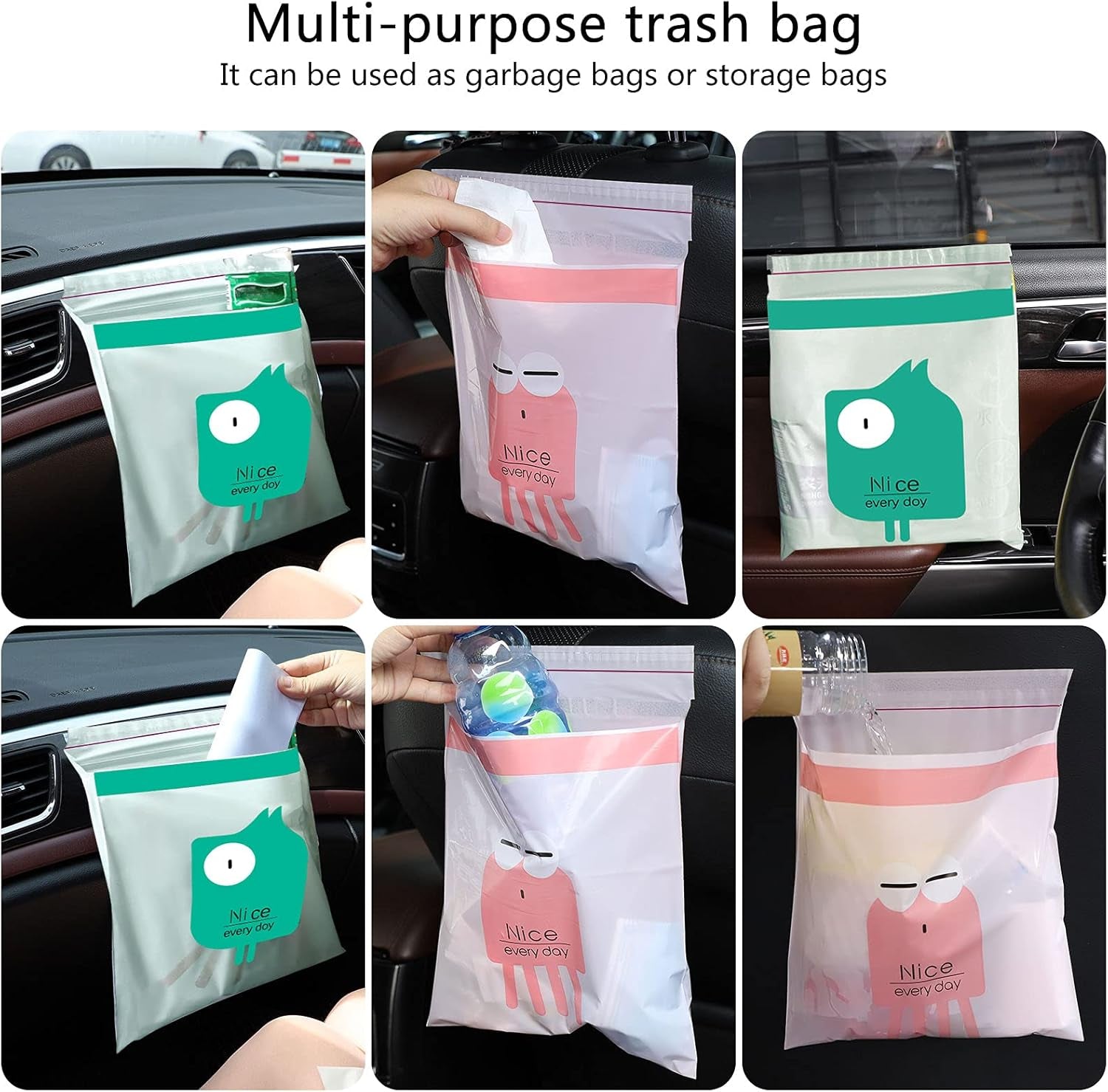 Portable Car Trash Bags, 30PCS Disposable, Green & Pink, Waterproof, Stick-On, Car, Office, Kitchen, Travel