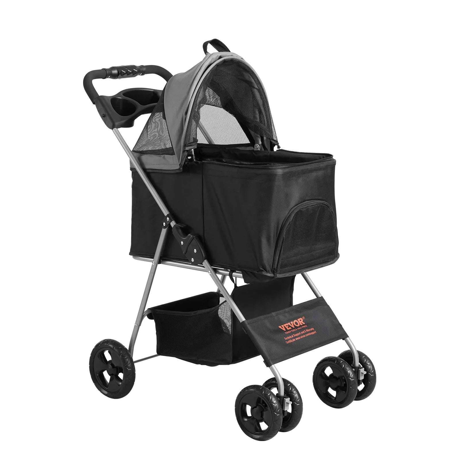 VEVOR Pet Stroller, 4 Wheels Dog Stroller Rotate with Brakes, 35Lbs Weight Capacity, Puppy Stroller with Detachable Carrier, Storage Basket and Cup Holder, for Dogs and Cats Travel, Black+Dark Grey