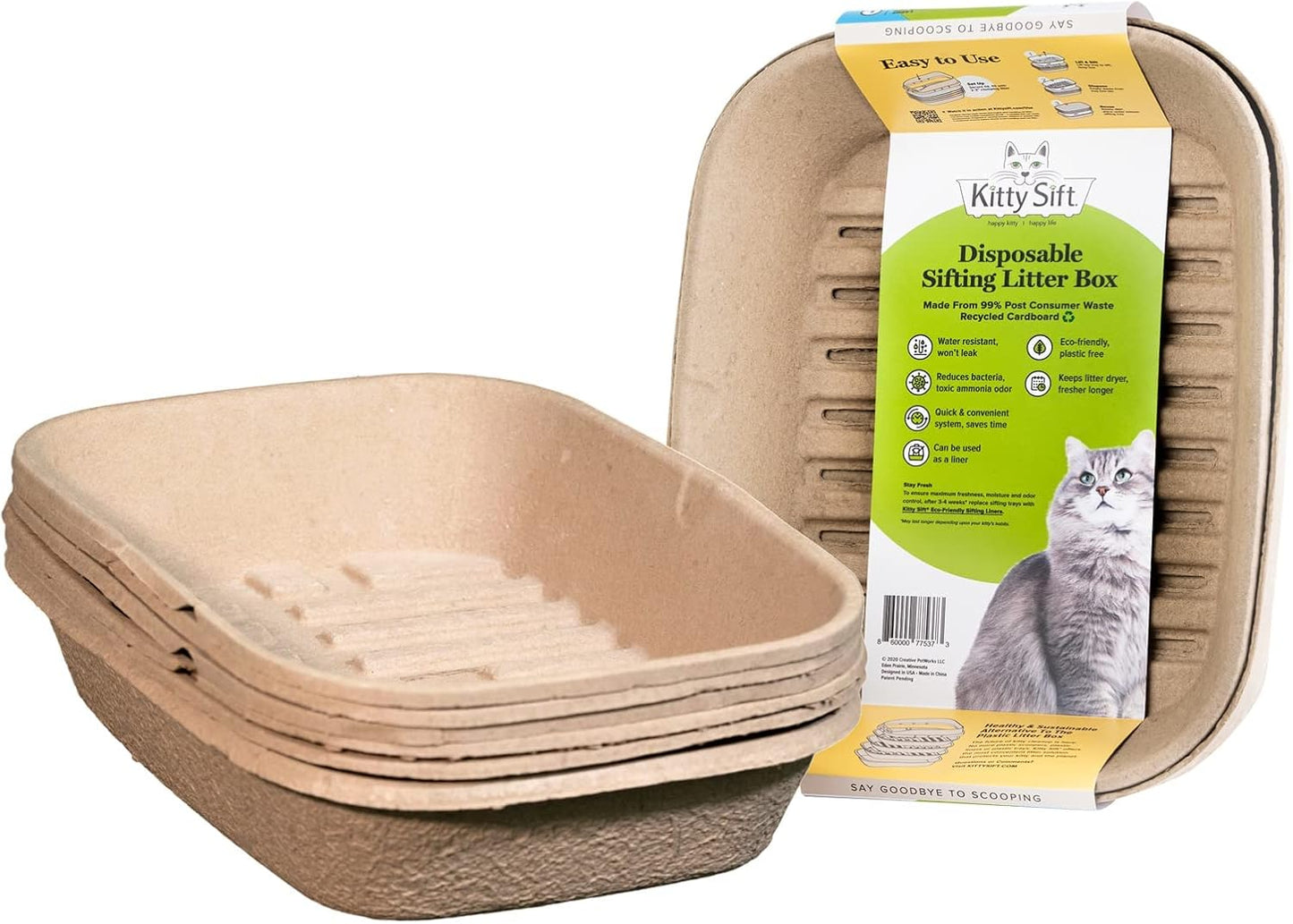 (Set of 1 Litter Box & 5 Sifting Liners) Sustainable, Clean, Sifting, Disposable Cat Litter Box Kit - Large, 6-Set Kit