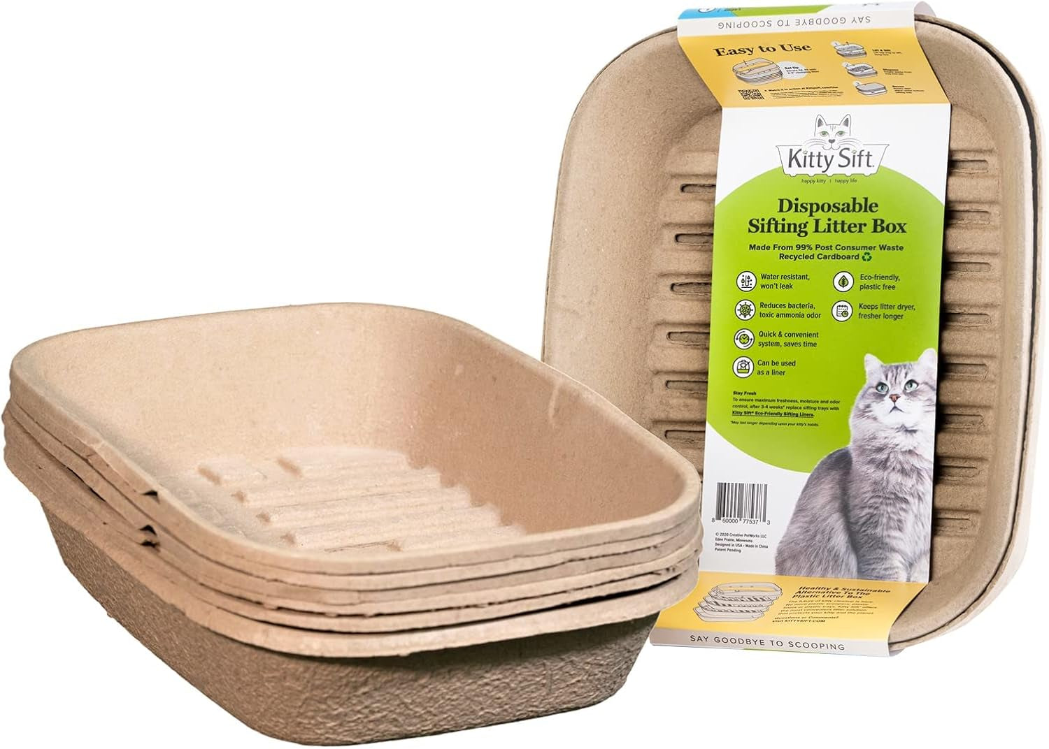 (Set of 1 Litter Box & 5 Sifting Liners) Sustainable, Clean, Sifting, Disposable Cat Litter Box Kit - Large, 6-Set Kit