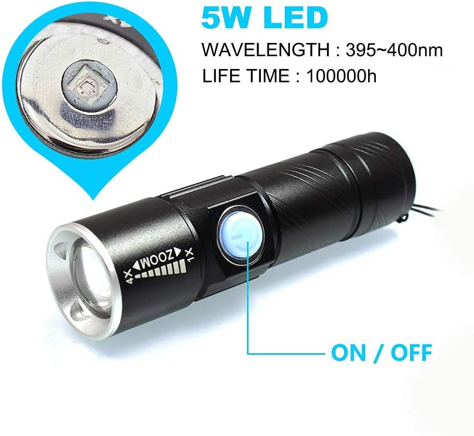 UV 395Nm USB Rechargeable Flashlight Ultraviolet Led Light Blacklight Portable 400Nm Mini Detector for Dog Urine Pet Stains, Anti-Counterfeiting Identification, Resin Curing