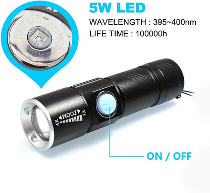 UV 395Nm USB Rechargeable Flashlight Ultraviolet Led Light Blacklight Portable 400Nm Mini Detector for Dog Urine Pet Stains, Anti-Counterfeiting Identification, Resin Curing