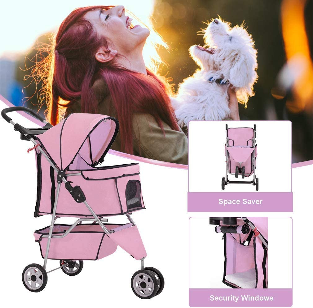 Stroller for Medium Small Dog/Cat, Foldable Travel 3 Wheels Waterproof Puppy, Pink