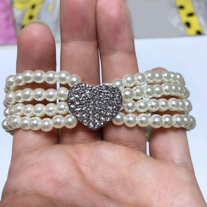 Dog Pearls Necklace Jewelry - Bling Dog Wedding Collar for Small Dogs Girl with Rhinestone Heart Charm - Teacup Puppy Chihuahua Yorkie Clothes Accessories (White Heart, 8 to 10-Inch)