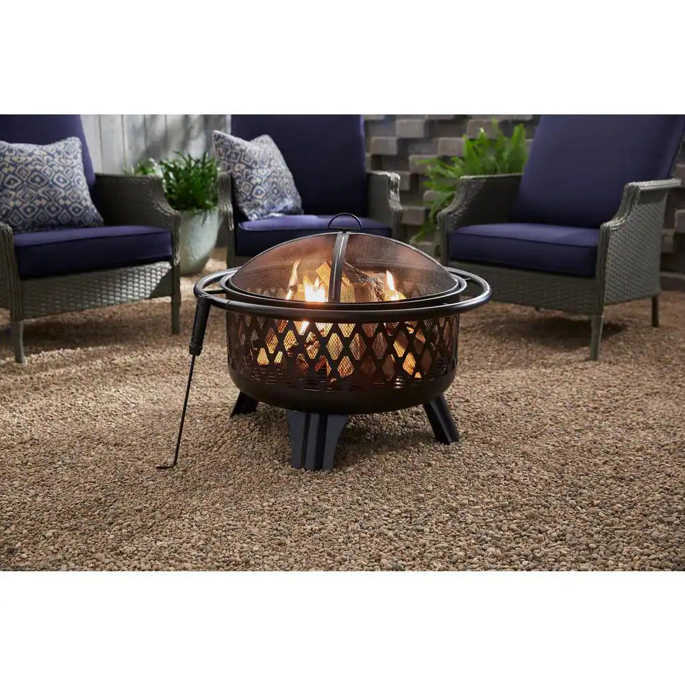 Piedmont 29.6 In. W Black Steel Wood Outdoor Fire Pit with Screen and Poker Included