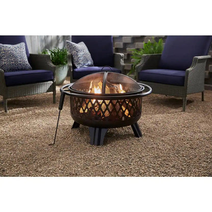 Piedmont 29.6 In. W Black Steel Wood Outdoor Fire Pit with Screen and Poker Included