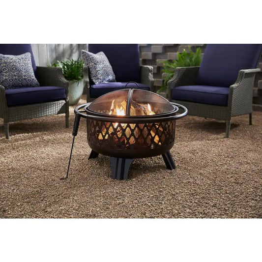 Piedmont 29.6 In. W Black Steel Wood Outdoor Fire Pit with Screen and Poker Included