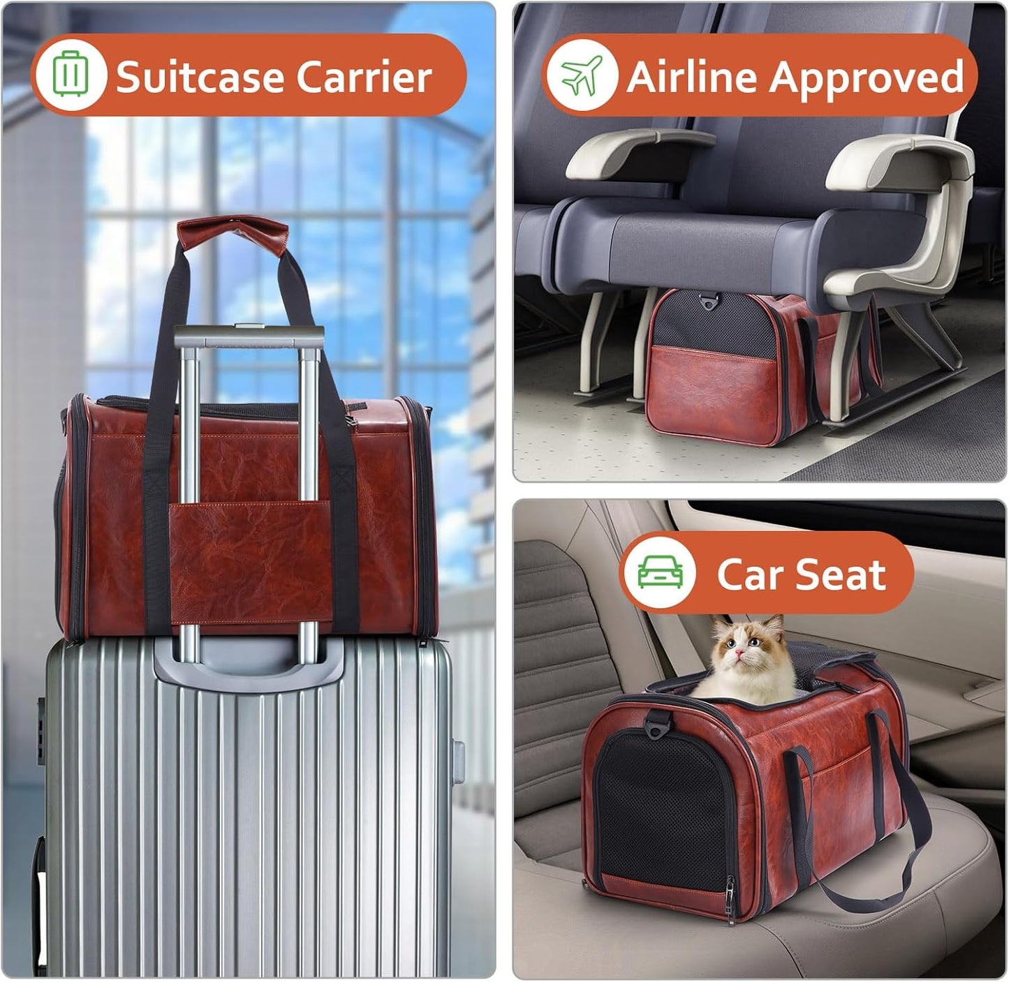 Fashion Leather Dog Carrier Cat Carrier Airline Approved Pet Carrier for Small Medium Dogs Cats under 15Lbs, Collapsible Soft Sided Travel Puppy Carrier Coffee