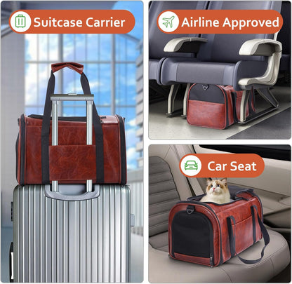 Fashion Leather Dog Carrier Cat Carrier Airline Approved Pet Carrier for Small Medium Dogs Cats under 15Lbs, Collapsible Soft Sided Travel Puppy Carrier Coffee