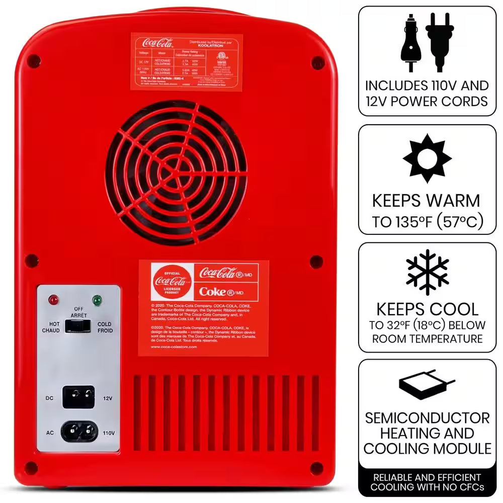 Polar Bear4L Cooler/Warmer With12V DC and 110V AC Cords, 6 Can Portable Mini Fridge, Red