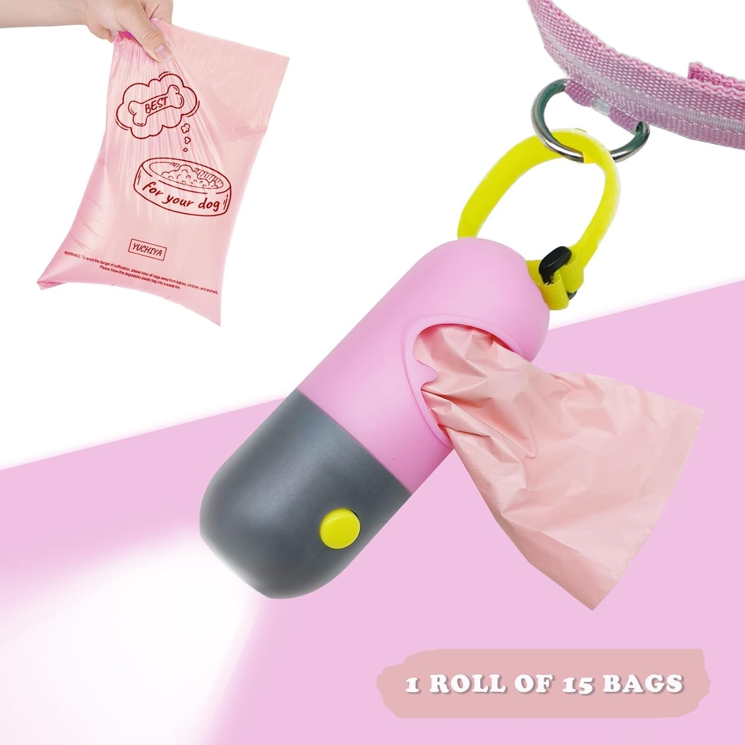 Dog Poop Bag Holder Dispenser with LED Flashlight - Night Visibility for Safe Evening Walks | Upgraded Hands-Free Leash Clip | Includes 15 Dog Waste Bags (Pink)