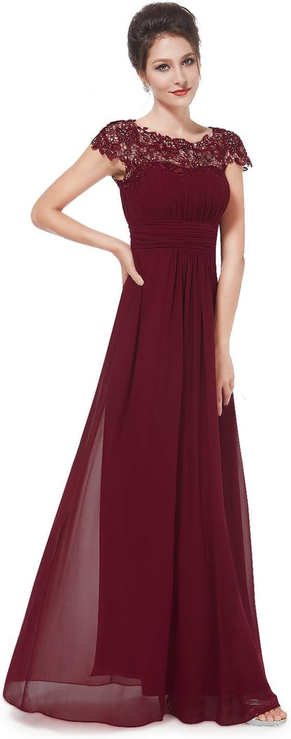 Women'S Cap Sleeve Ruched Lace round Neck Chiffon Formal Evening Gowns 09993-US