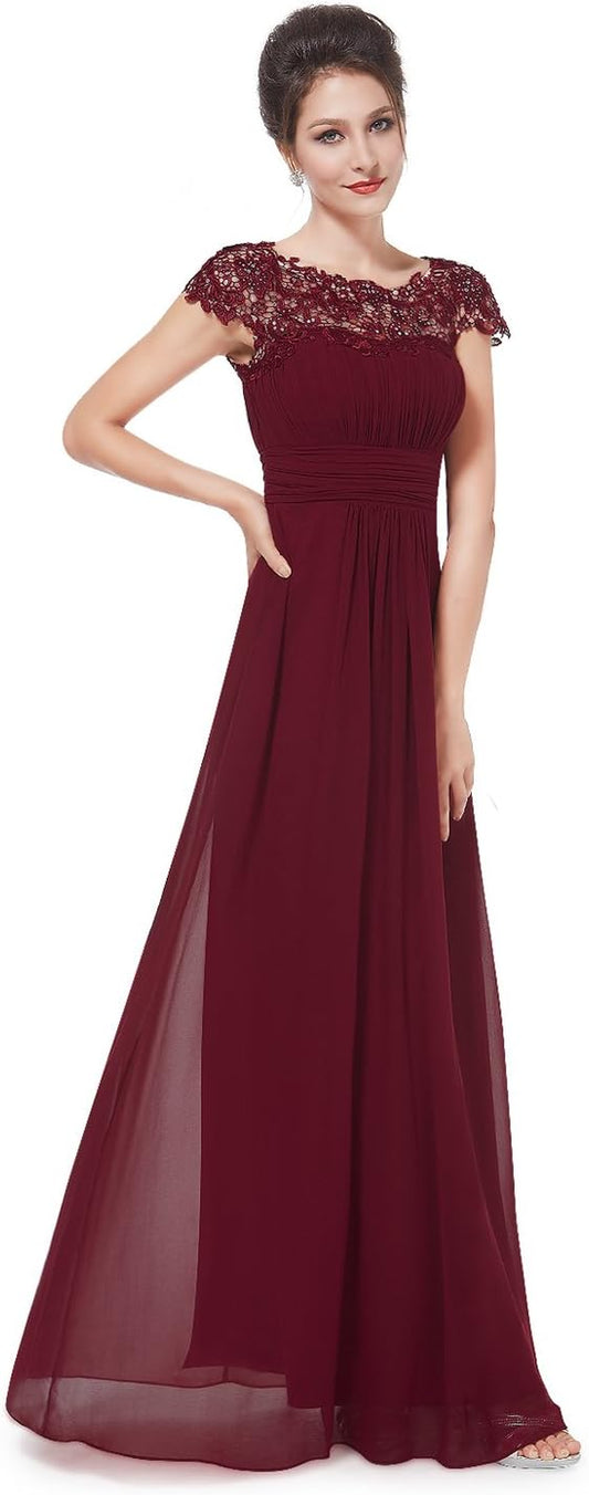 Women'S Cap Sleeve Ruched Lace round Neck Chiffon Formal Evening Gowns 09993-US