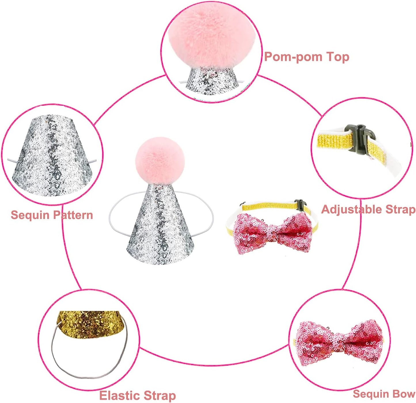 Christmas Pet Party Jazz Hat and Blingbling Bow Tie Breakaway Collar Set, Adjustable Headband for Kitten Puppy Small Dogs Cats (2/Pink+Light Blue)