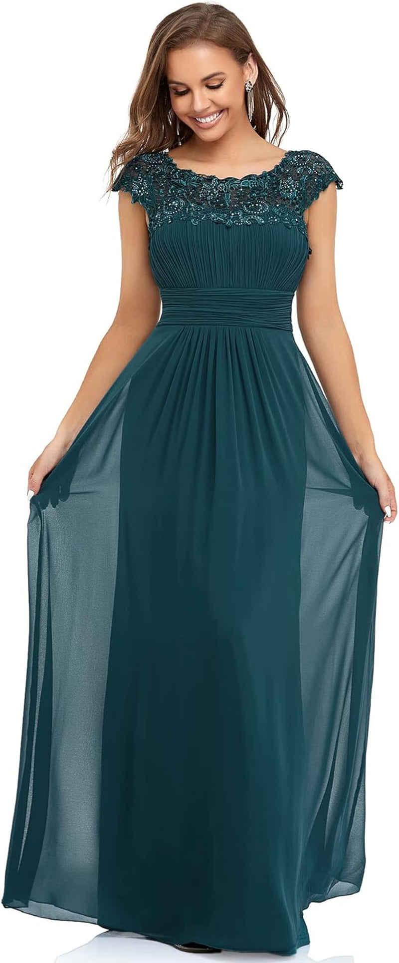 Women'S Cap Sleeve Ruched Lace round Neck Chiffon Formal Evening Gowns 09993-US