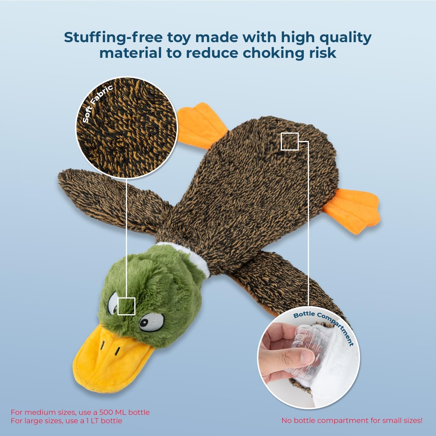 2-In-1 Stuffless Squeaky Dog Toys with Soft, Durable Fabric for Small, Medium, and Large Pets, No Stuffing for Indoor Play, Holds a Plastic Bottle - 1Wild Duck, Alligator, Medium