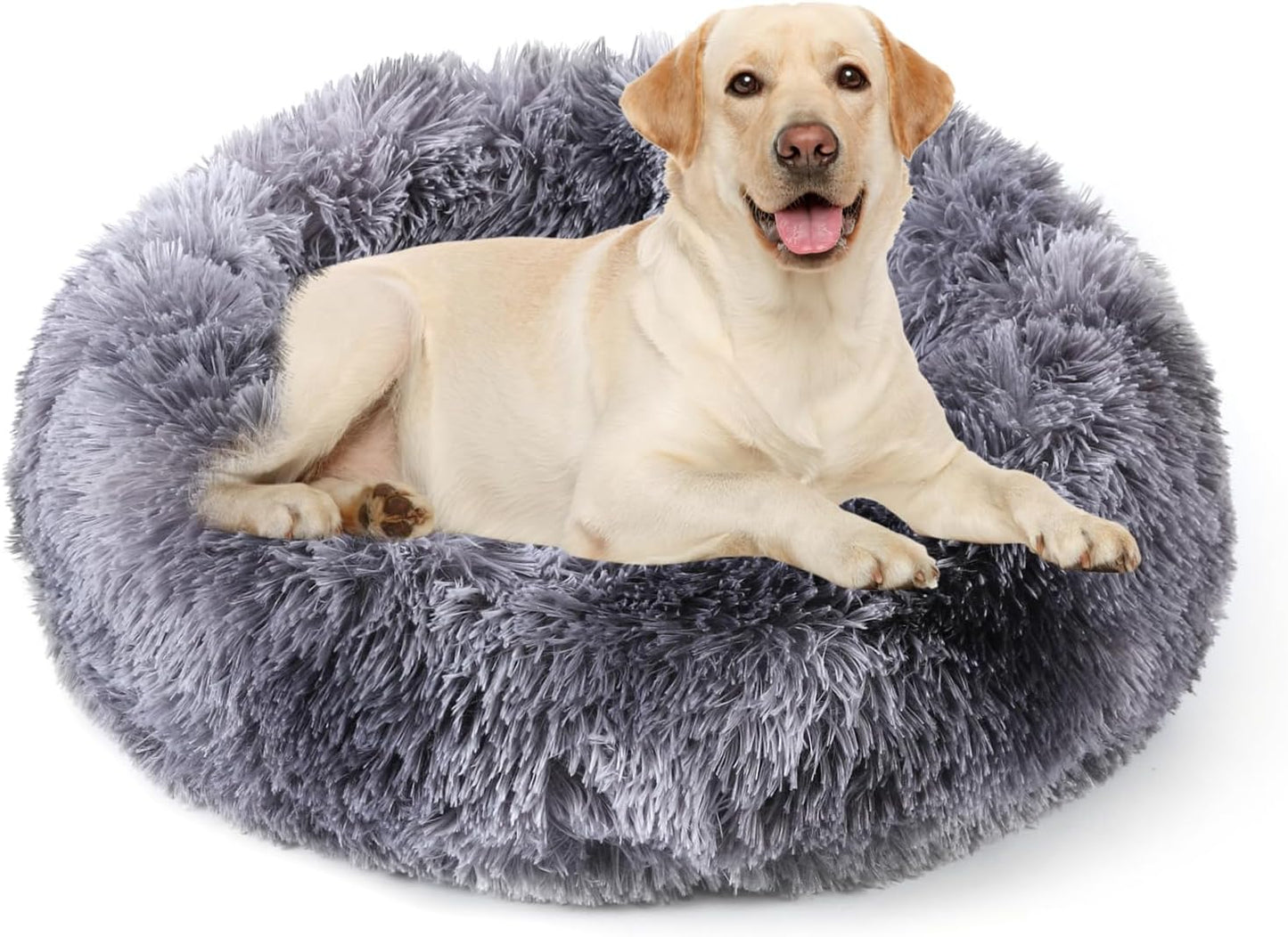 Calming Donut Dog Bed for Small to Medium Dogs & Cats - Plush Faux Fur Anti-Anxiety Pet Bed with Machine Washable Cover & Non-Slip Base