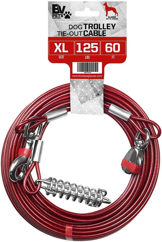 Dog Tie Out Trolley System for Yard - 60Ft Dog Run Cable with 10Ft Pulley Runner Lead - Heavy Duty Reflective Cable for Dogs up to 125 Lbs, Rust-Resistant & Tangle-Free Outdoor Runner